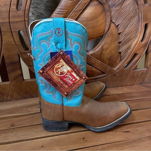 Tony Lama Women's Brown & Turquoise Square Toe Cowgirl Western Boots Size 5B NEW - Picture 2 of 13
